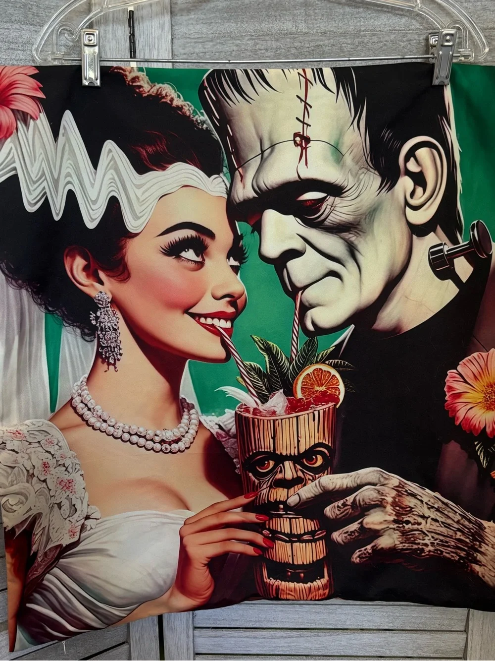 BRAND NEW Retro Frankenstein & Bride Tiki Bar Cocktail TimeOversized ThrowPillow